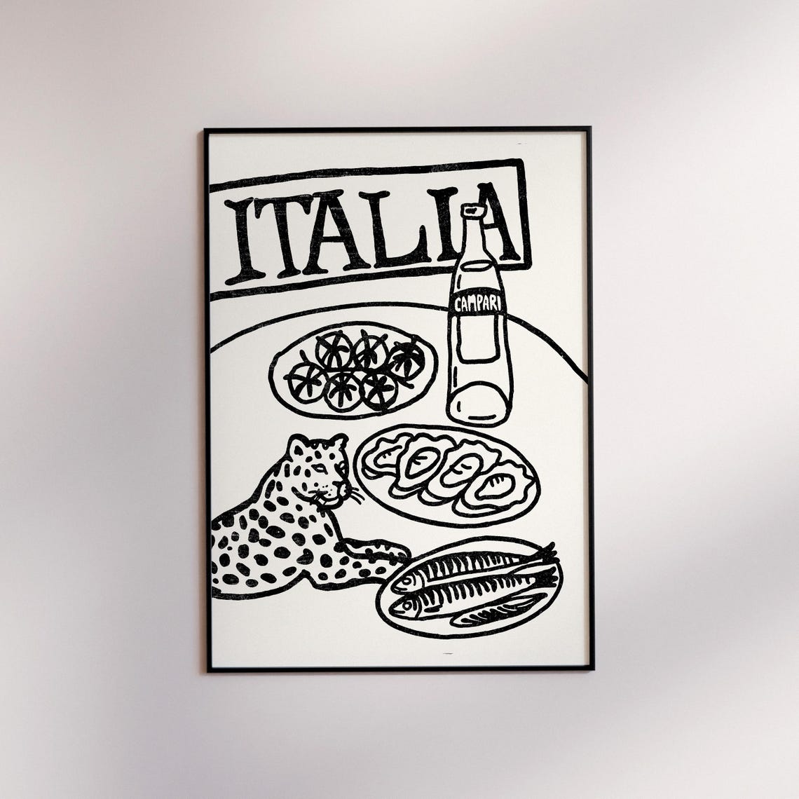 Italia Leopard Campari Feast Black Line Drawing Art Print for Kitchens