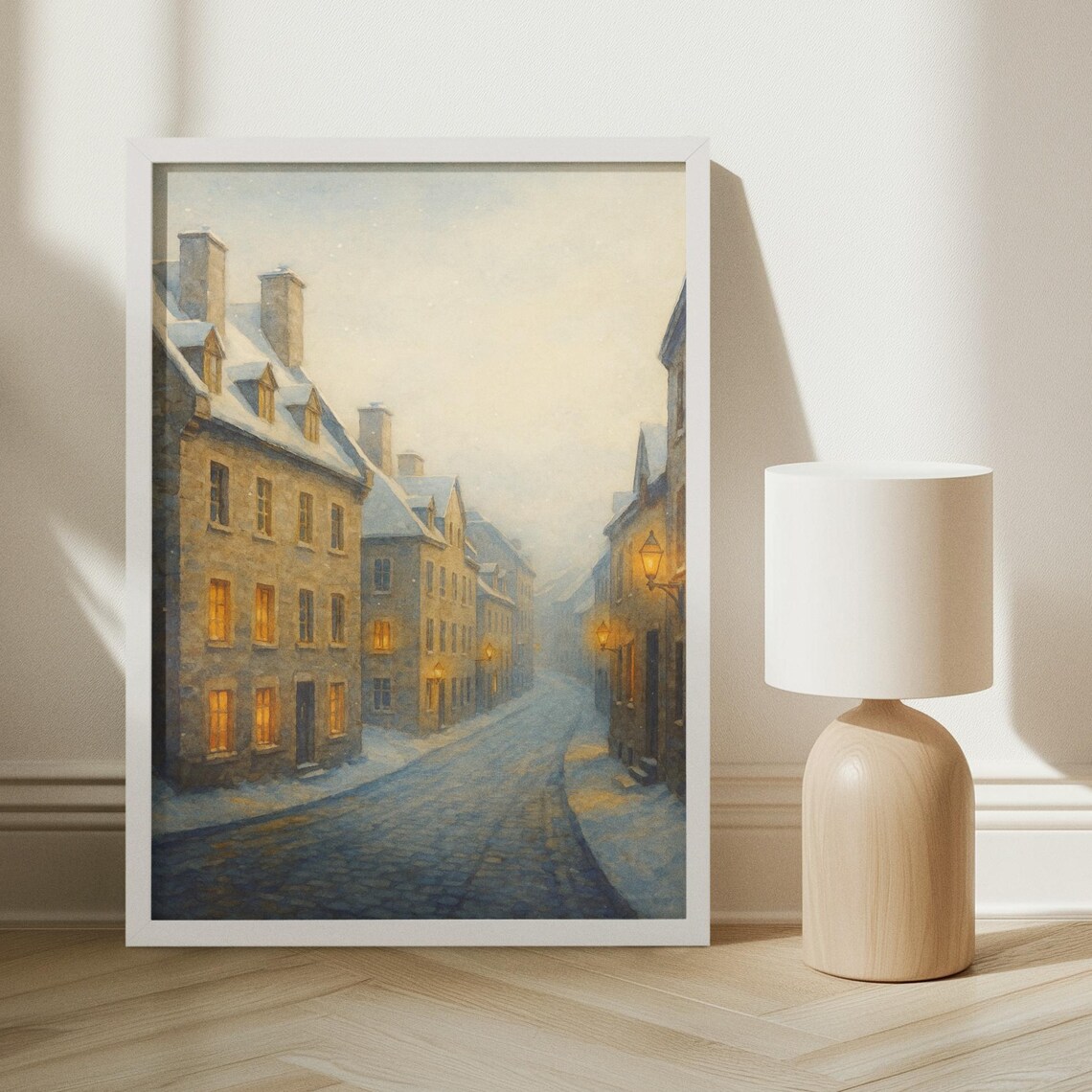 City Winter Watercolor Art Print, Old Town Snowy Street