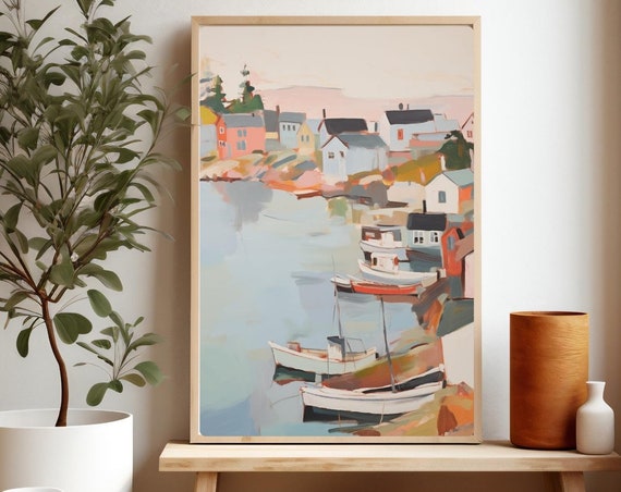 New England Harbor Painting Boats In Print Fishing Village Wall Art Giclee