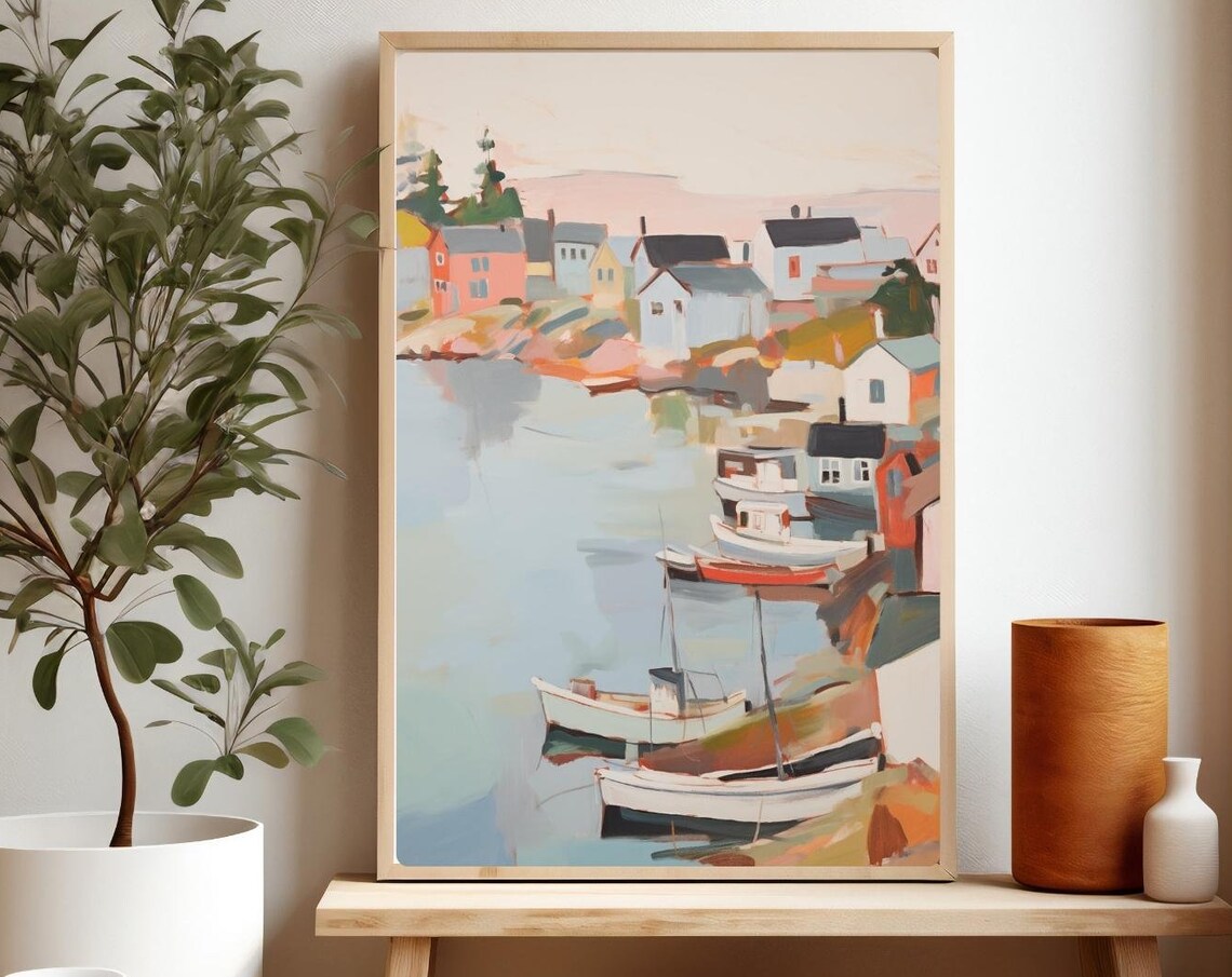 New England Harbor Boats Painting Fishing Village Waterfront Poster