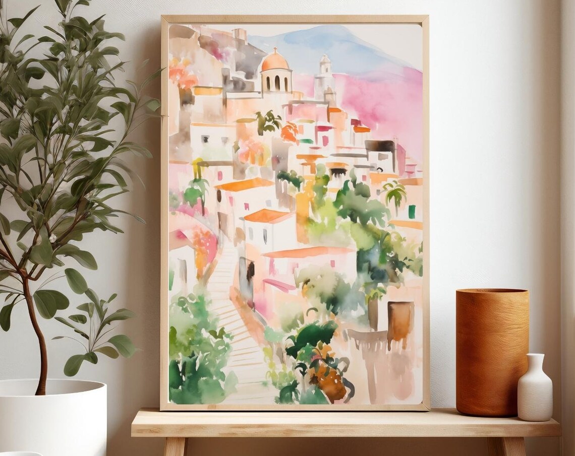 Positano Amalfi Coast Village Watercolor Hillside Italian Town Poster