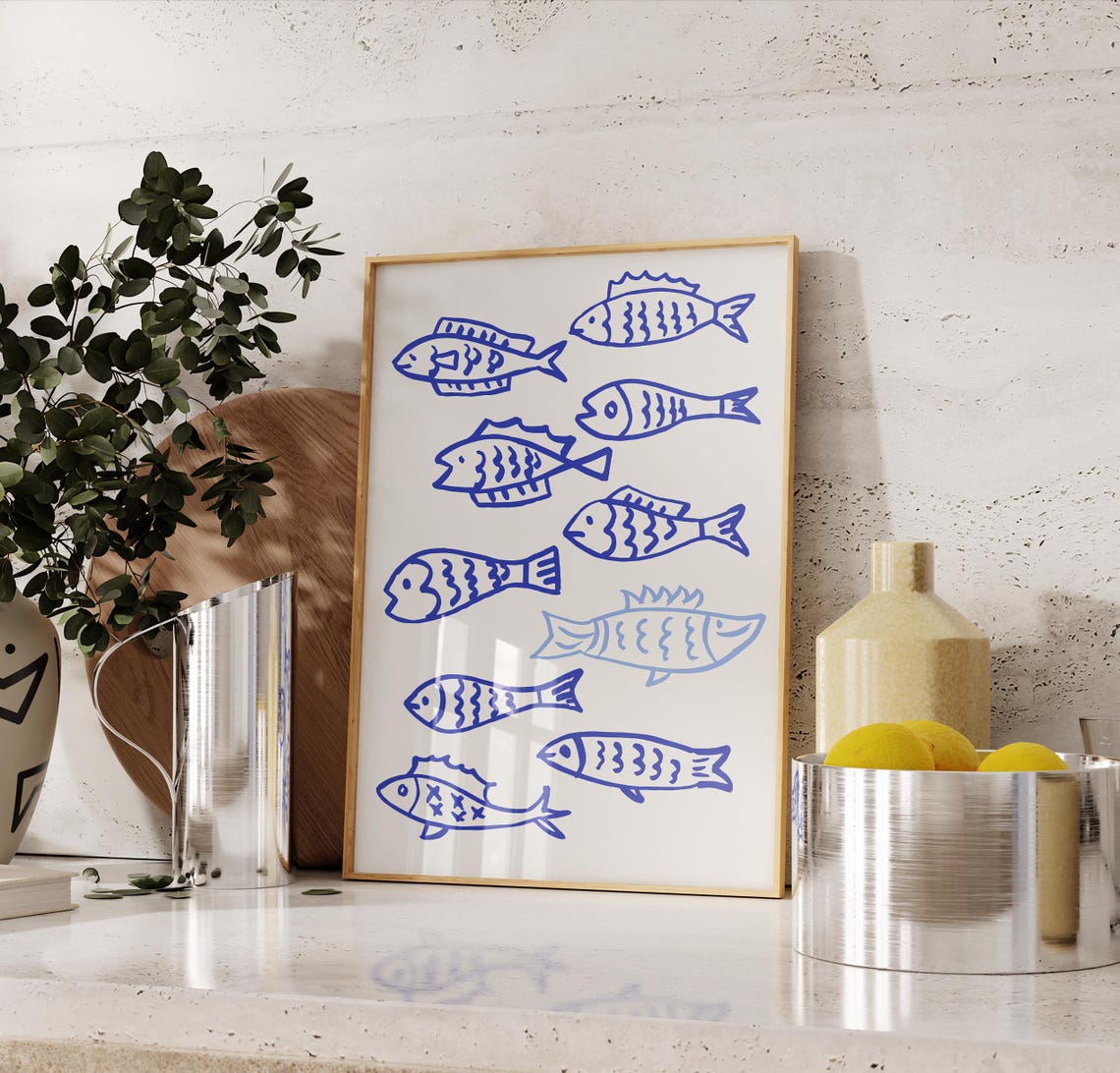 School Of Blue Fish Line Art Nautical Coastal Beach Wall Art - Image 2