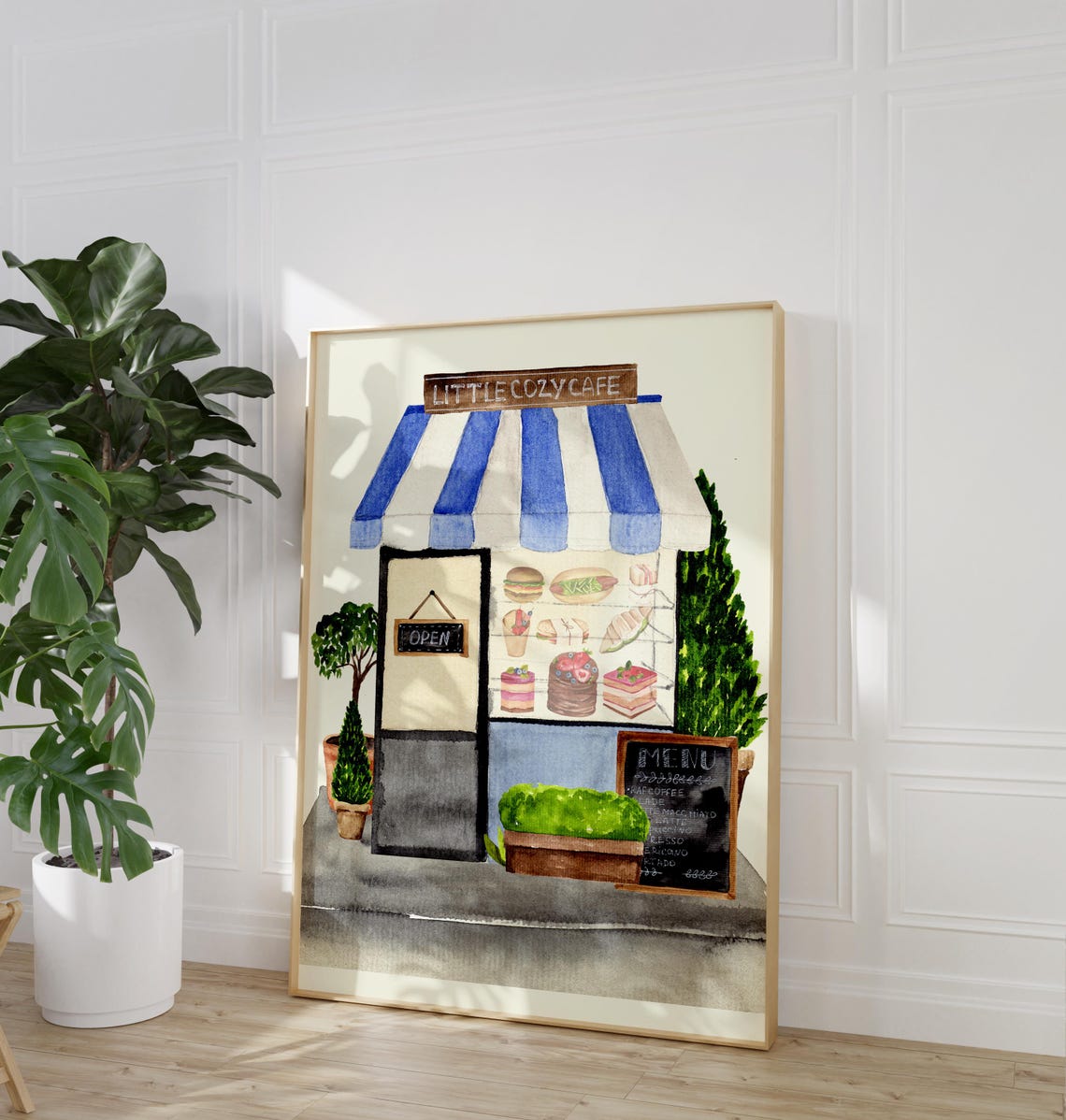 Little Cozy Cafe Watercolor Storefront Blue Awning Pastry Shop Poster - Image 3