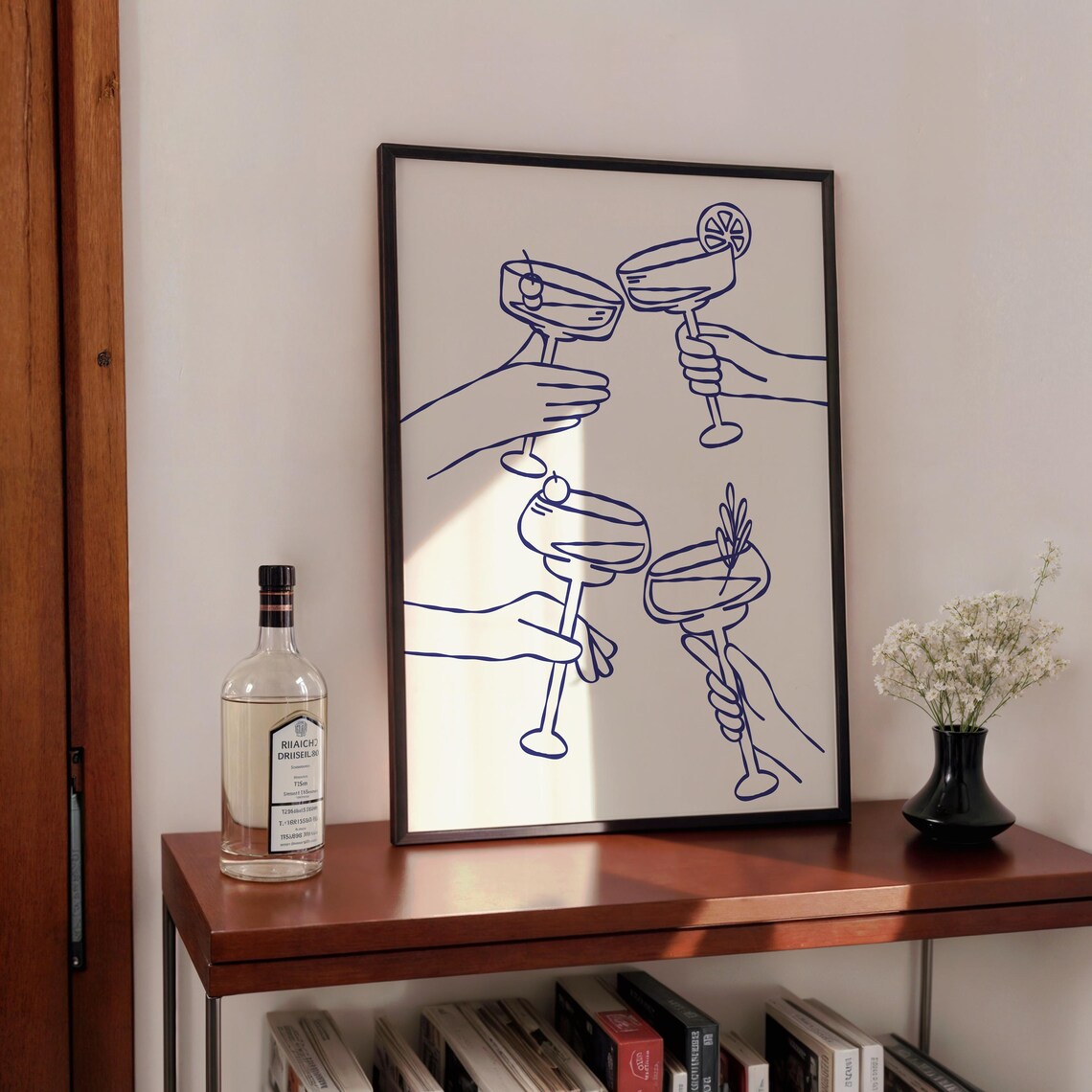 Cheers Cocktail Glasses Navy Blue Raising Line Art Bar Cart Poster - Image 3