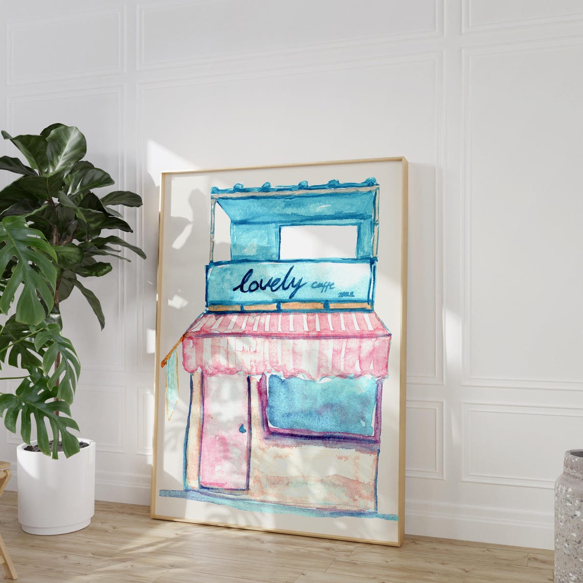 Lovely Caffe Watercolor Cafe Storefront Blue Pink Awning Art Print - Image 2