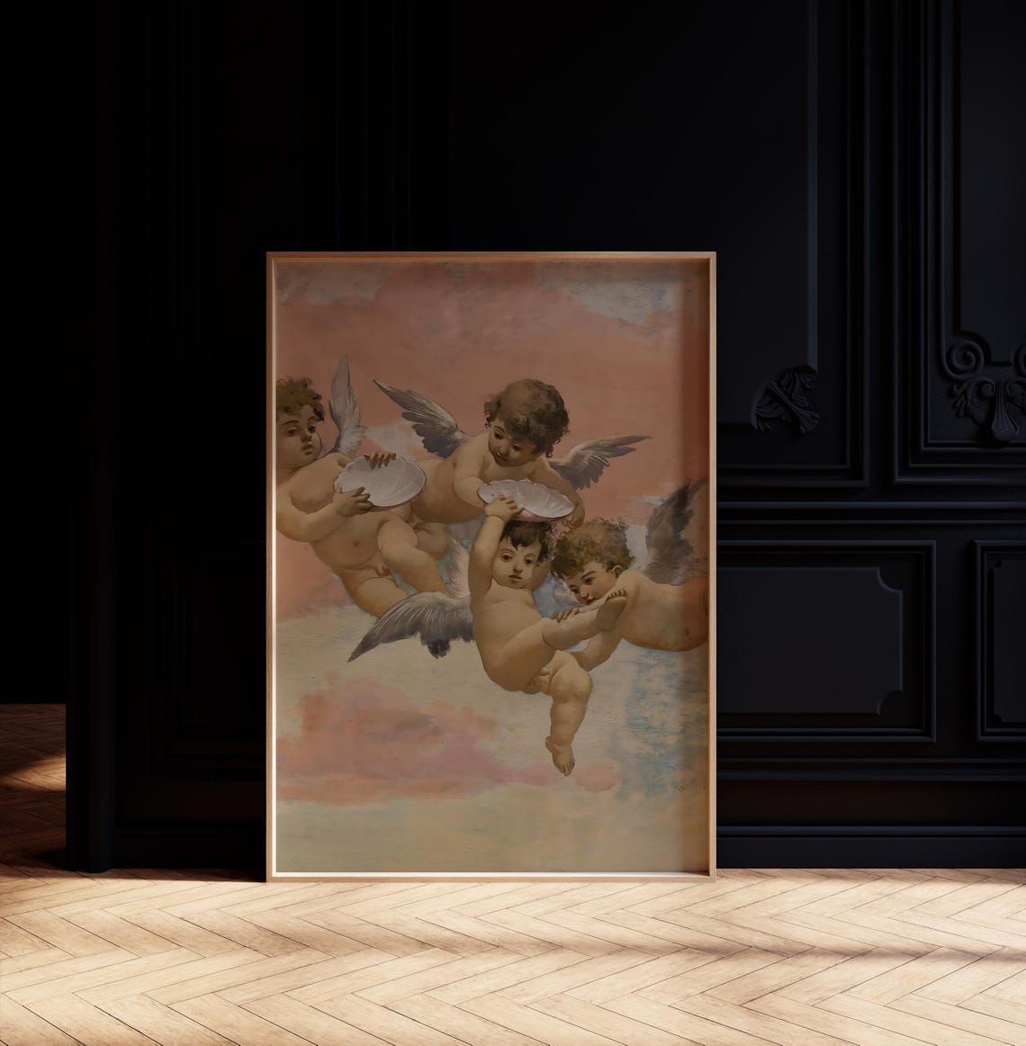 Cherubim Angels With Shells Rosy Classical Oil Painting Wall Art - Image 3