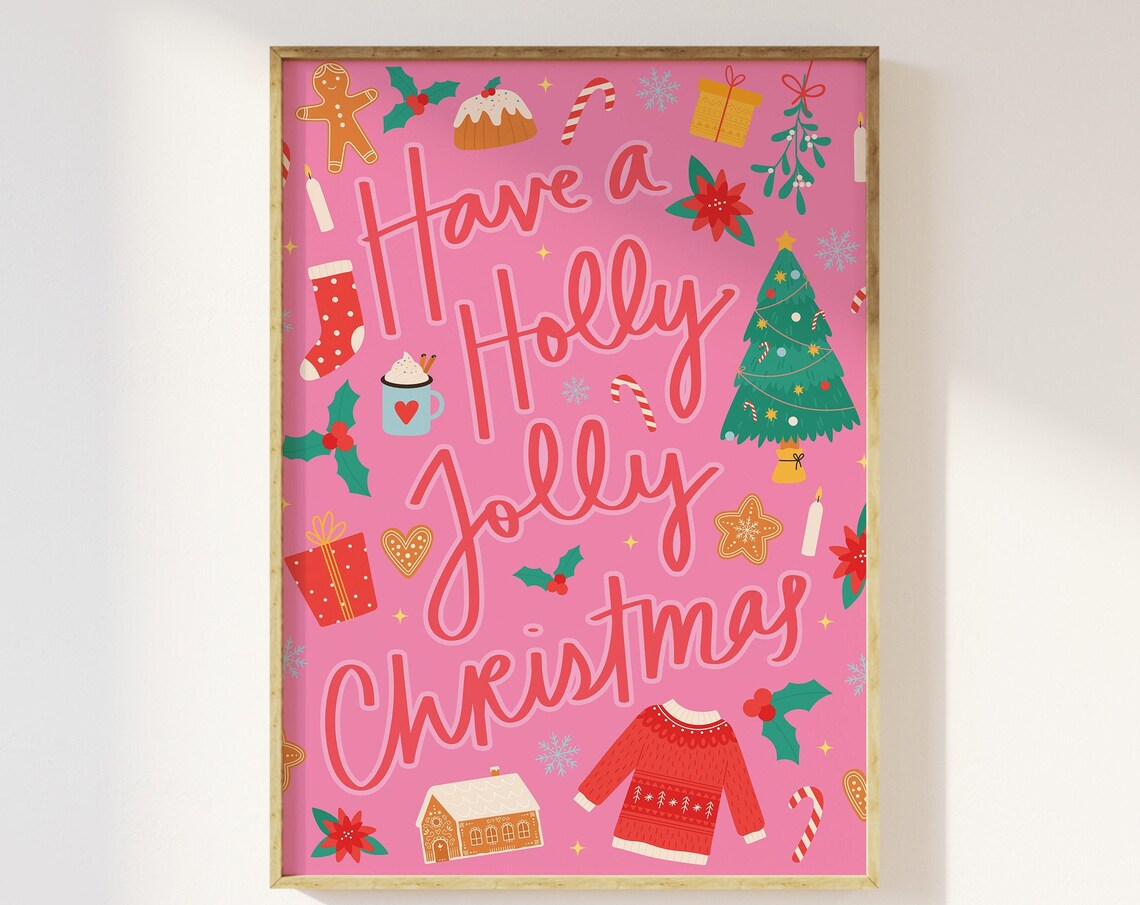 Have A Holly Jolly Christmas Pink Retro Holiday Icons Wall Poster