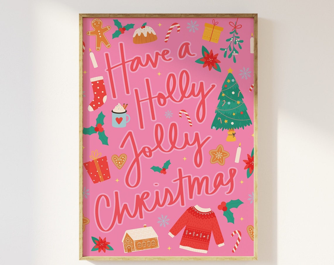 Pink Christmas Print Art Colorful Christmas Decor Cute Holiday Illustrations Wall Art