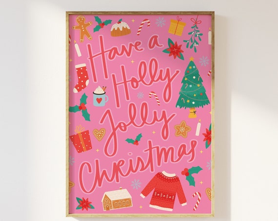 Pink Christmas Print Art Colorful Christmas Decor Cute Holiday Illustrations Wall Art