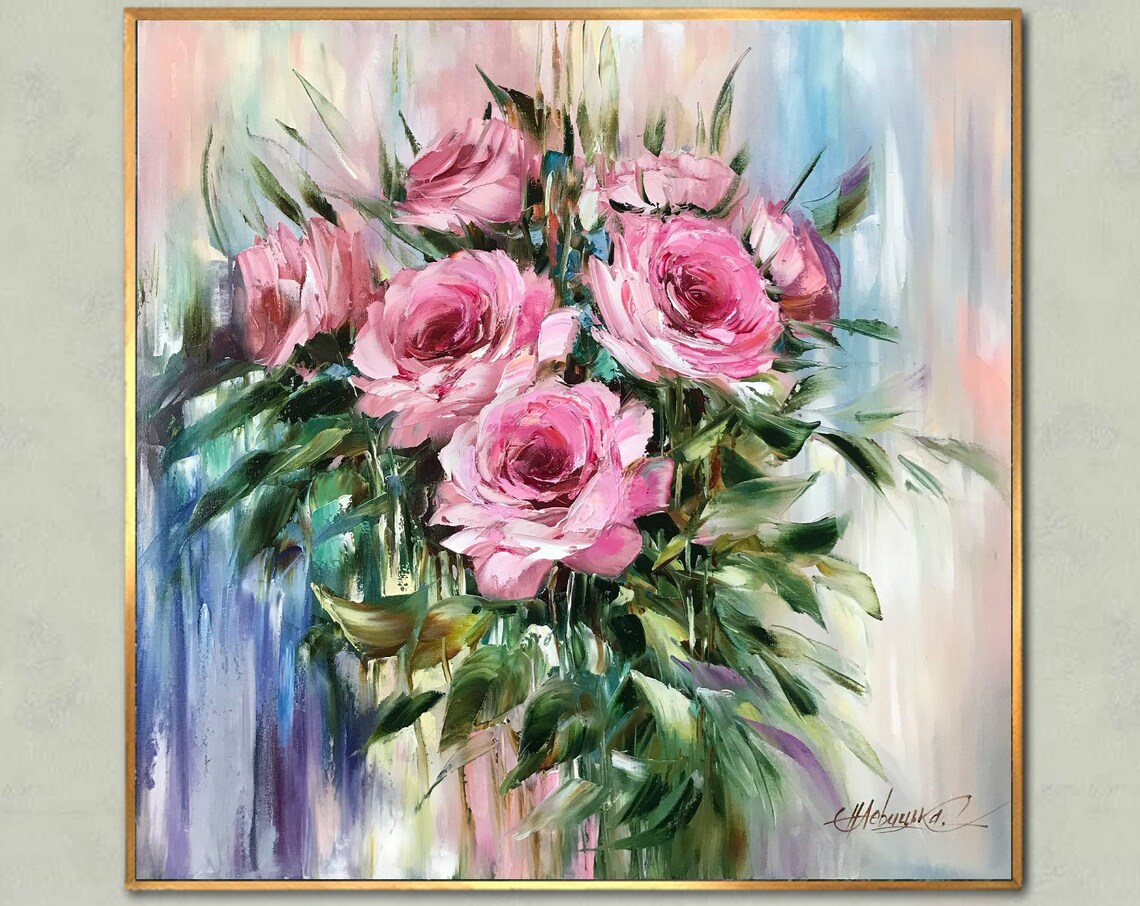 Pink Roses Bouquet Soft Blush Blooms Close Up Impasto Art Poster - Image 3