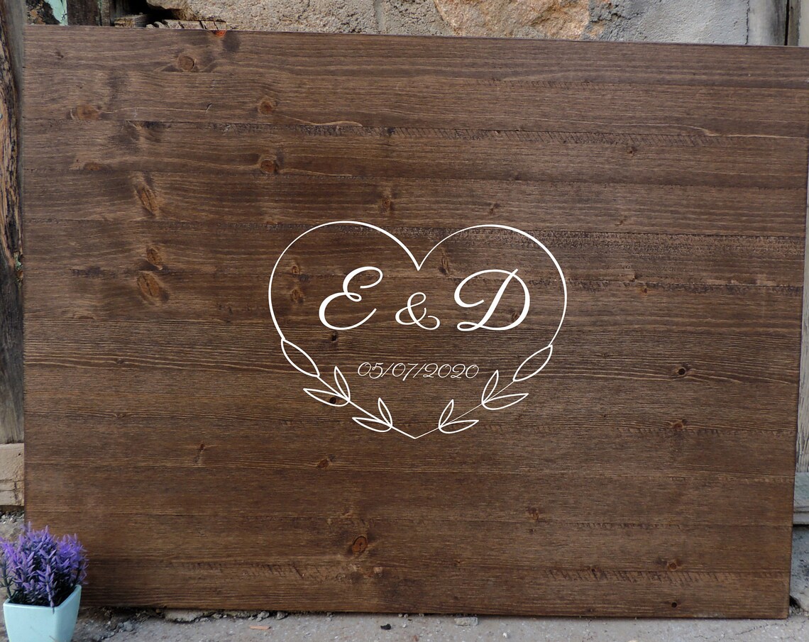Personalized Wedding Guest Book Heart Monogram Wood Sign Poster
