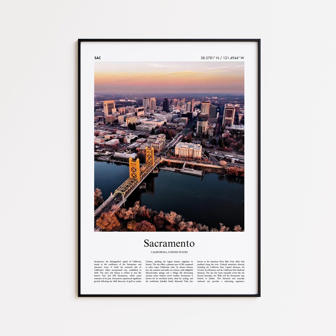 Sacramento California Tower Bridge Sunset Skyline Photo Travel Poster