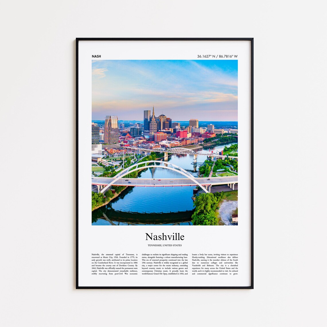 Nashville Tennessee Skyline Aerial Cityscape Minimal Travel Poster