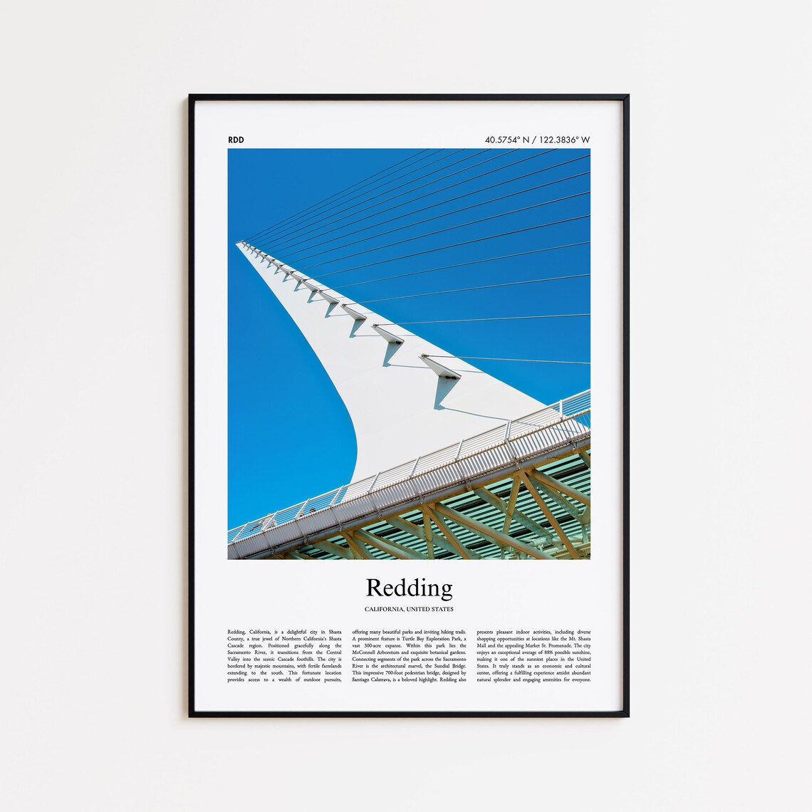 Redding California Sundial Bridge Landmark Minimal Travel Poster