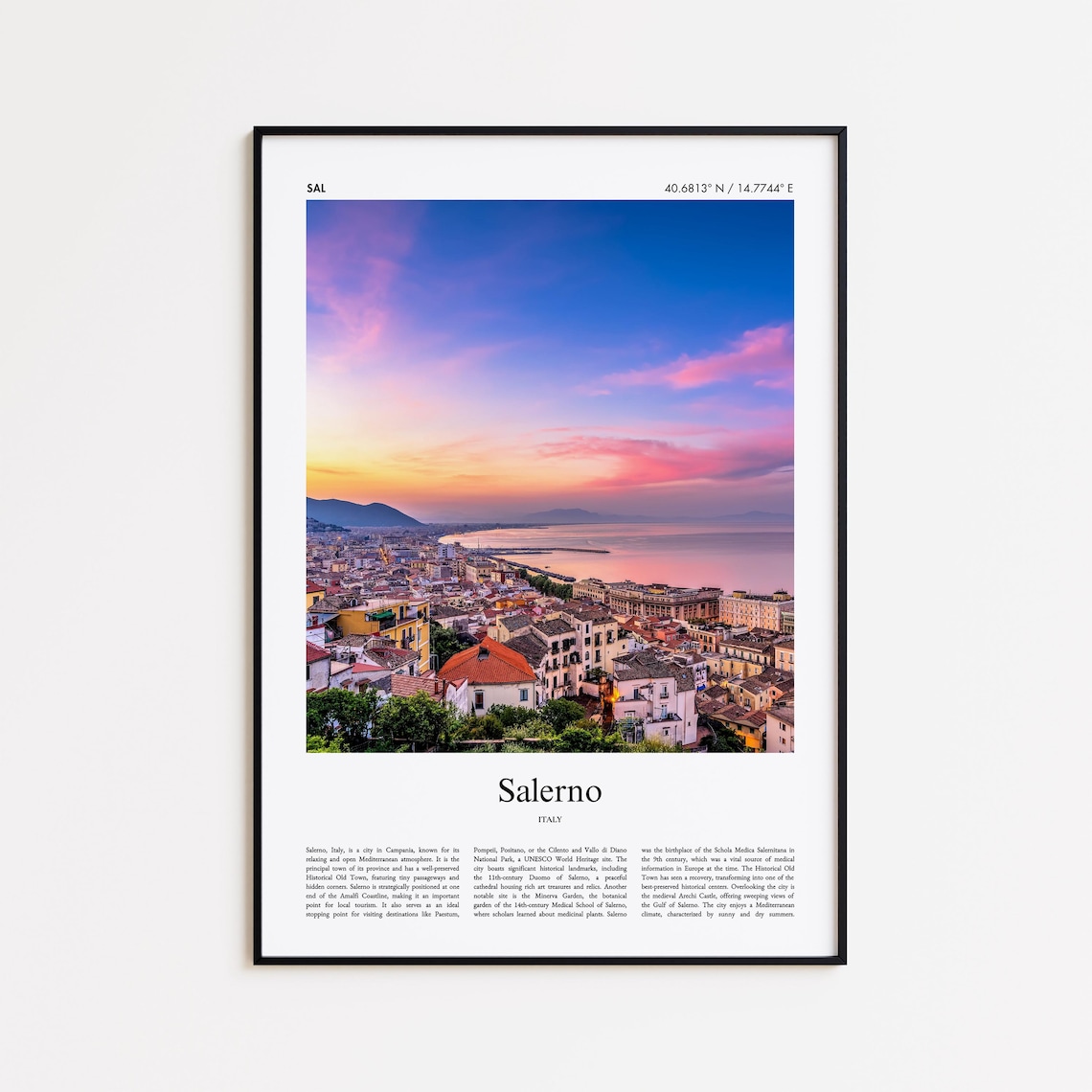 Salerno Italy Amalfi Coast Sunset Skyline Color Travel Photo Poster