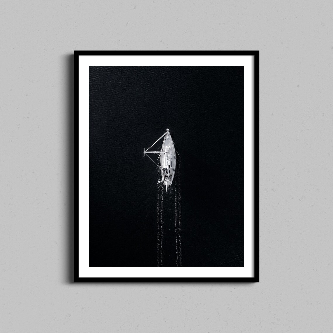 Aerial Sailboat on Dark Water Black and White Photography Print Minimalist