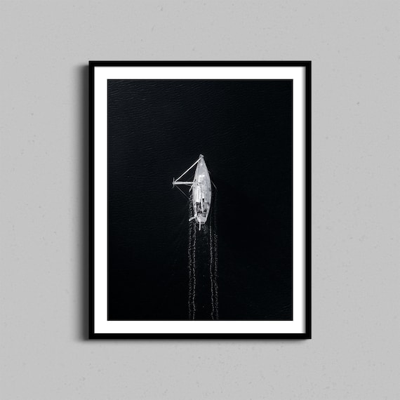 Aerial Sailboat on Dark Water Black and White Photography Print Minimalist