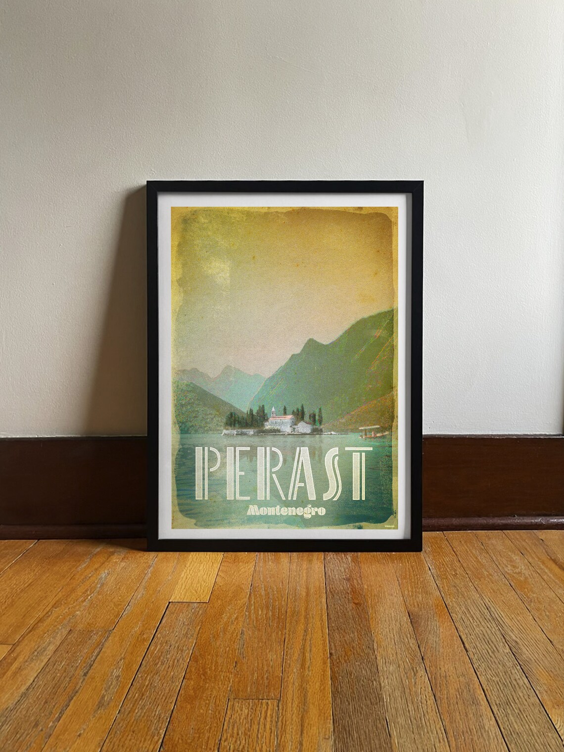 Perast Montenegro Bay Chapel Mountains Retro Vintage Travel Poster