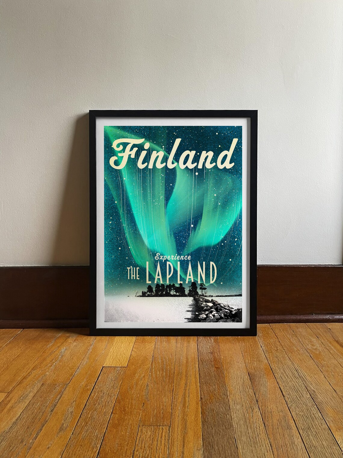 Finland Lapland Aurora Borealis Starry Night Vintage Travel Poster