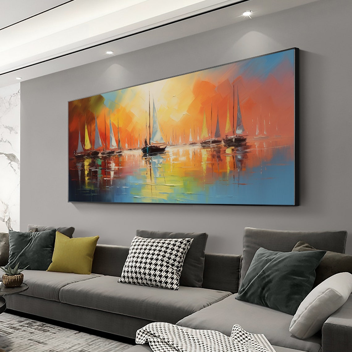 Sailboats at Sunset Calm Harbor Reflections Orange Sky Poster - Image 3