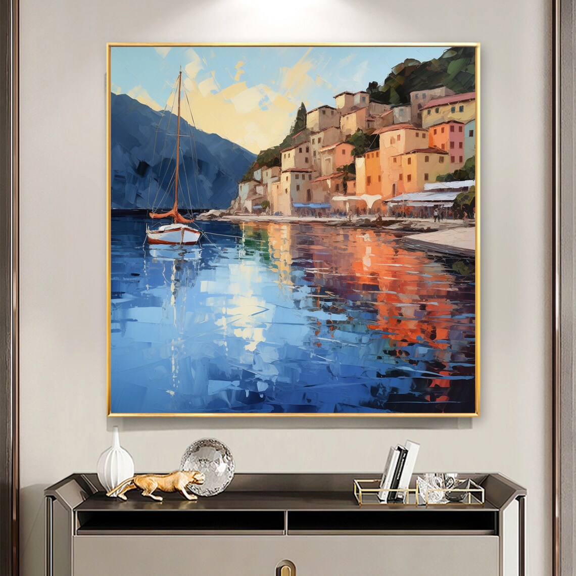 Mediterranean Coastal Town Sailboat Reflection Oil Painting Art Print - Image 6