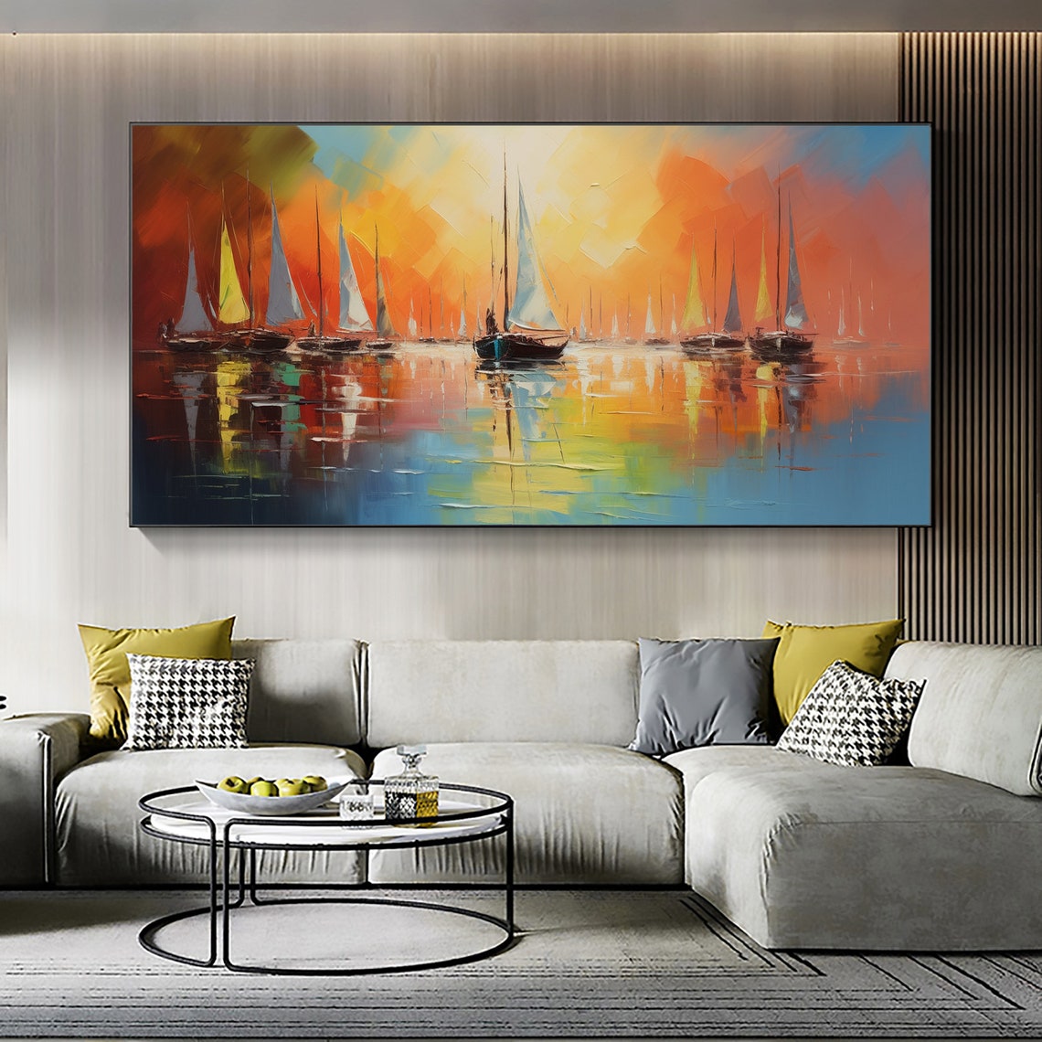 Sailboats at Sunset Calm Harbor Reflections Orange Sky Poster - Image 6
