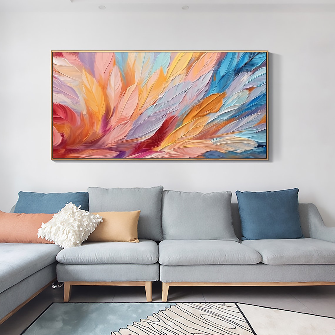 Colorful Feather Gradient Panoramic Oil Painting Modern Art Print - Image 2