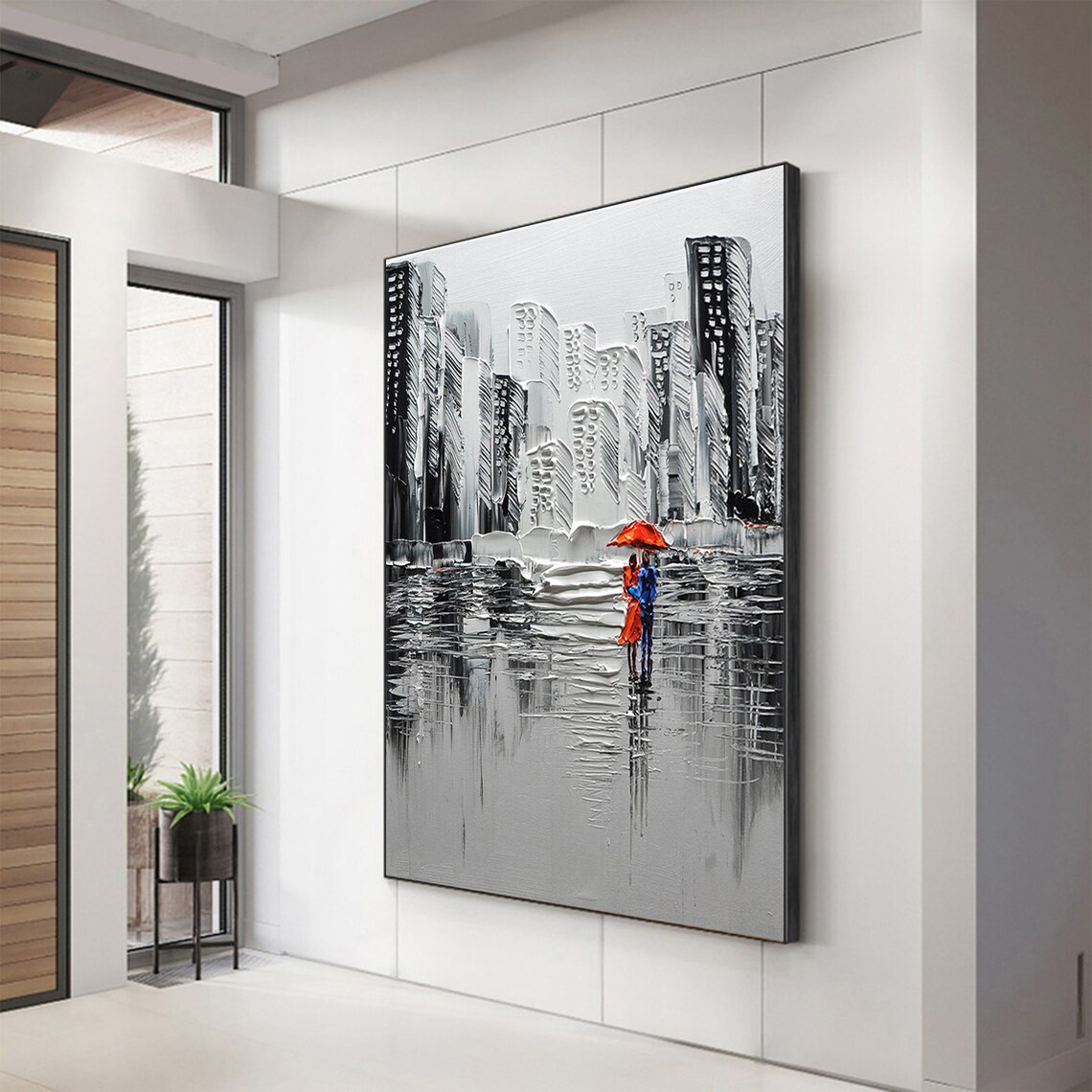 Large Abstract City Landscape Oil Painting On Romantic Couple Textured Modern Urban Wall Art Black Painting Living Room Home Decor - Image 2