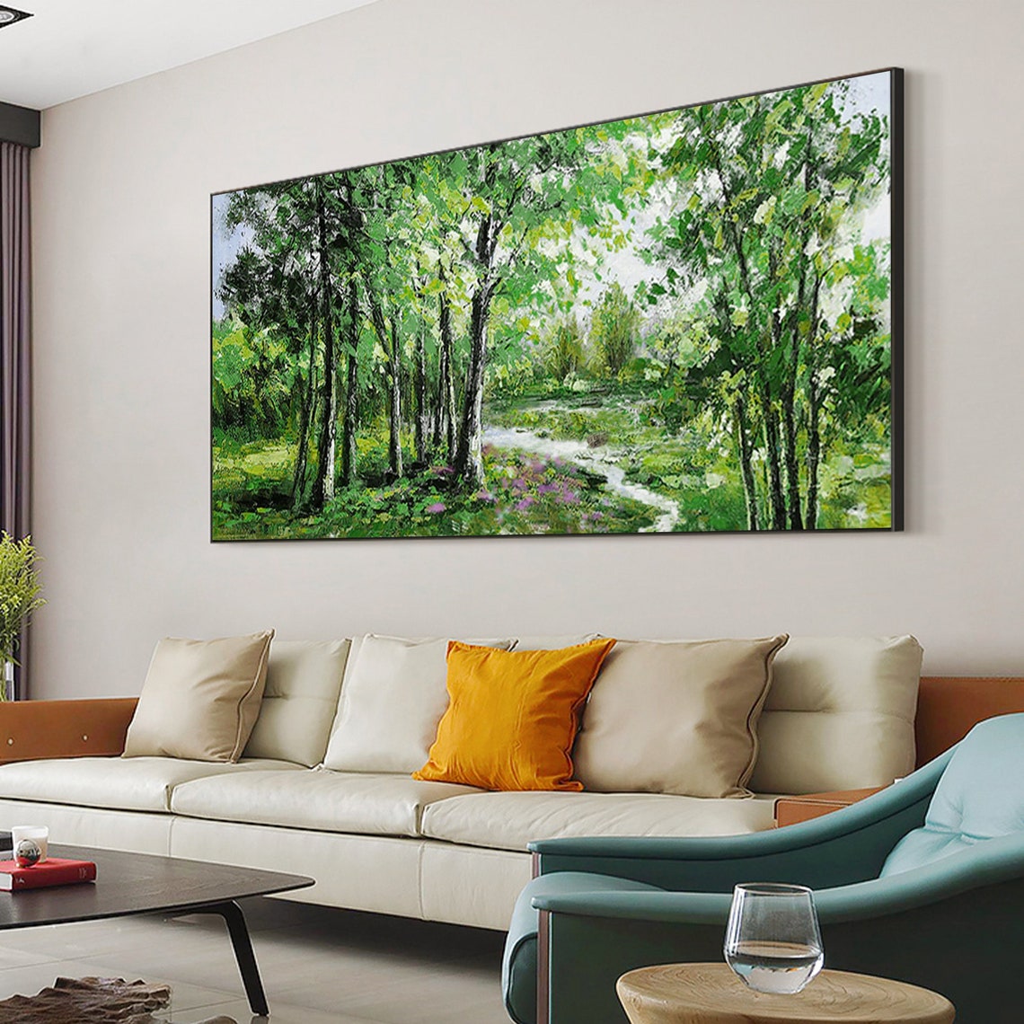 Green Birch Forest Path with Stream Panoramic Oil Painting Art Print - Image 3