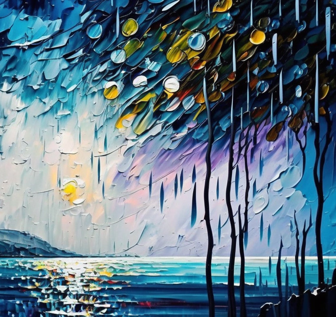 Moonlit Ocean Night with Willow Branches Oil Painting Art Print - Image 2