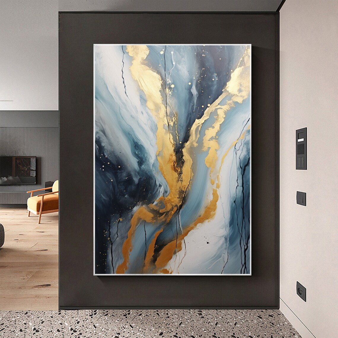 Blue Gray Gold Vein Marble Abstract Vertical Oil Painting Art Print - Image 5