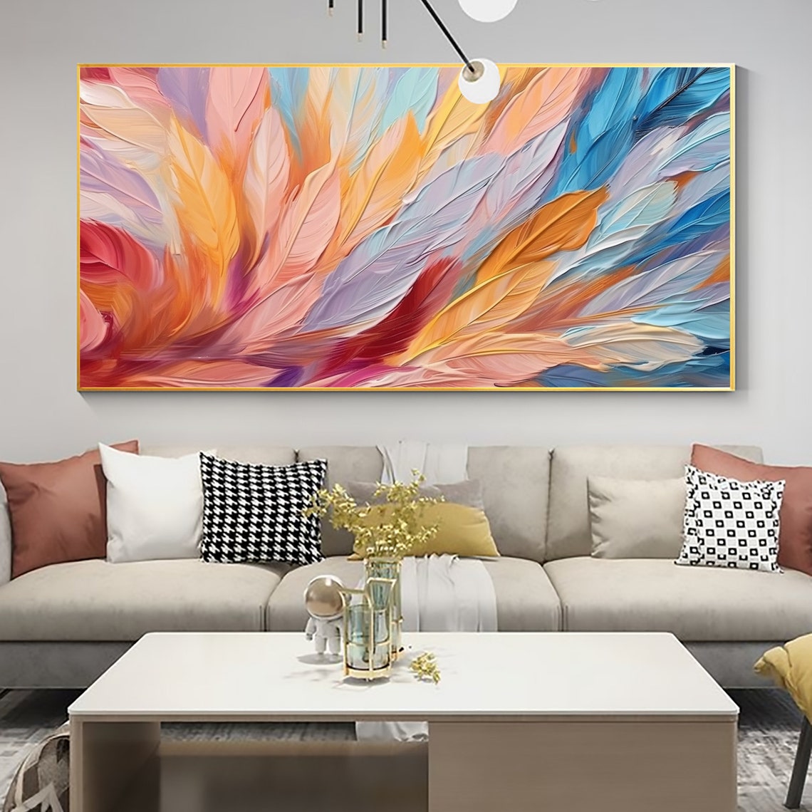 Colorful Feather Gradient Panoramic Oil Painting Modern Art Print - Image 6