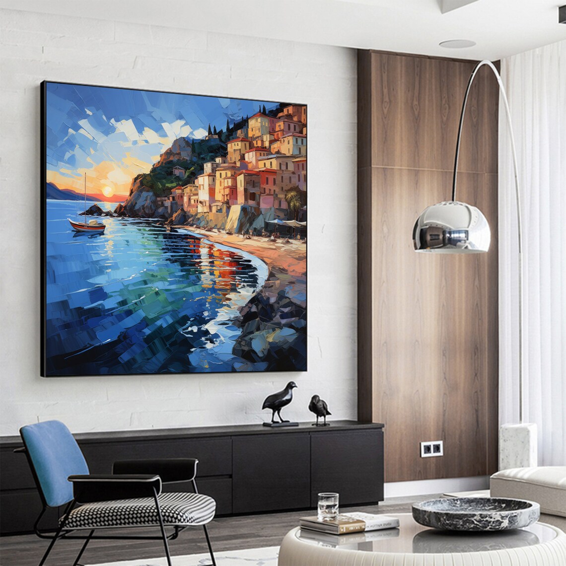 Mediterranean Sunset Cliffside Village Boat Reflections Poster - Image 3
