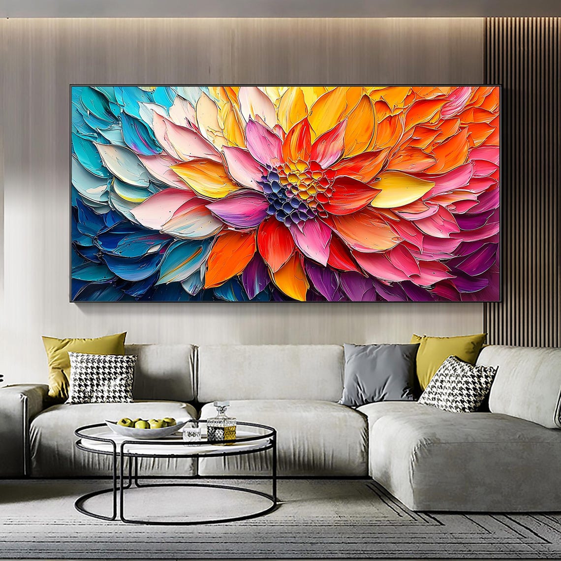 Giant Rainbow Dahlia Blossom in Thick Impasto Close-Up Poster