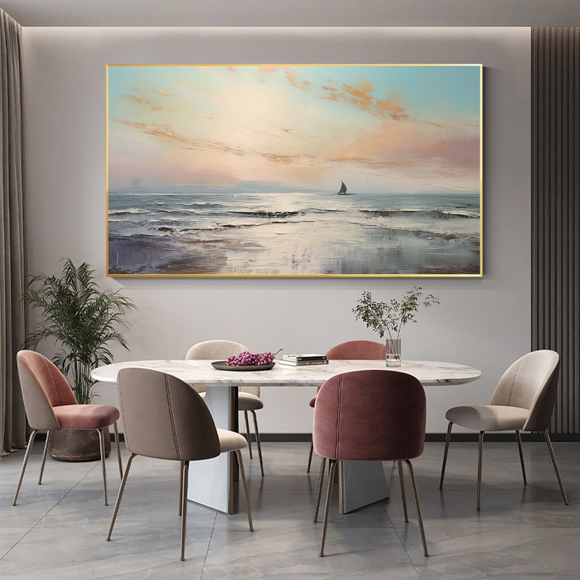 Minimalist Ocean Dawn with Lone Sailboat Calm Seascape Poster - Image 2