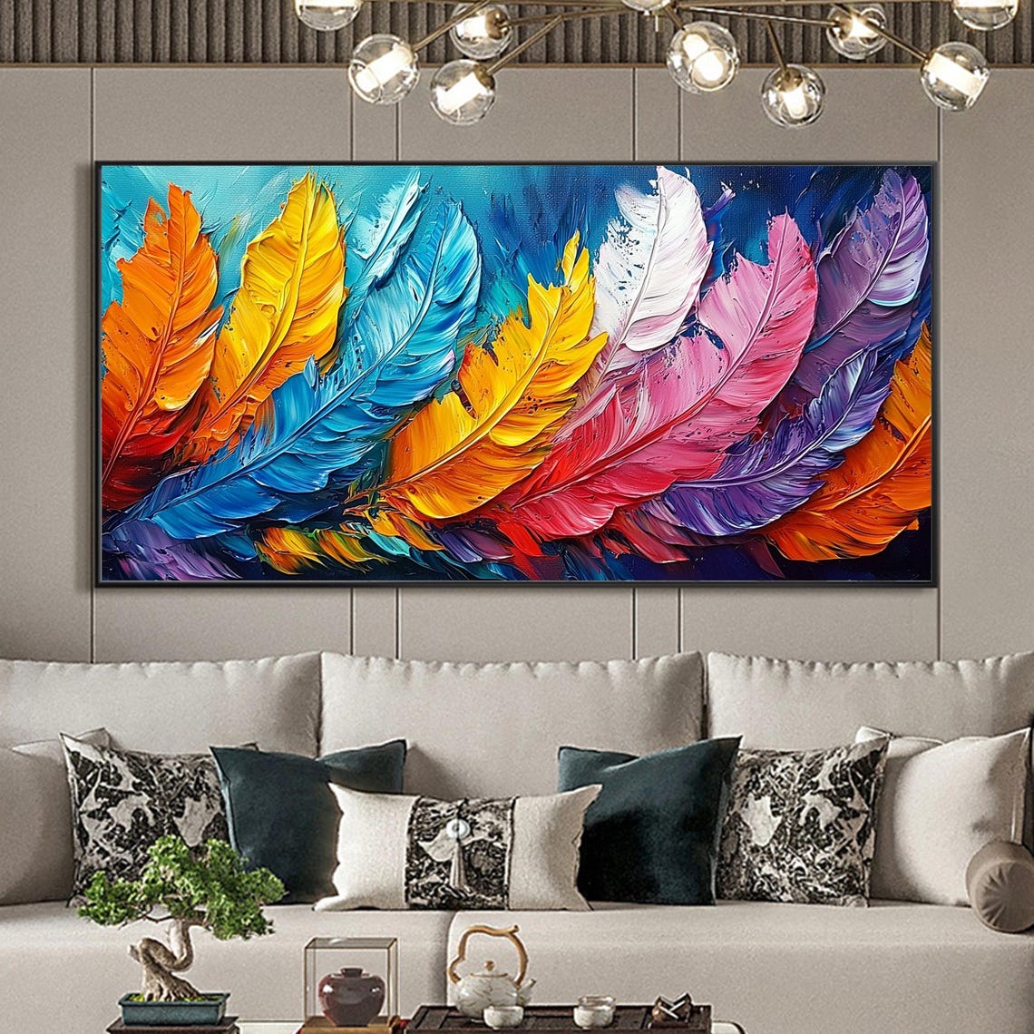 Vivid Rainbow Feather Collage Panoramic Oil Painting Art Print - Image 6
