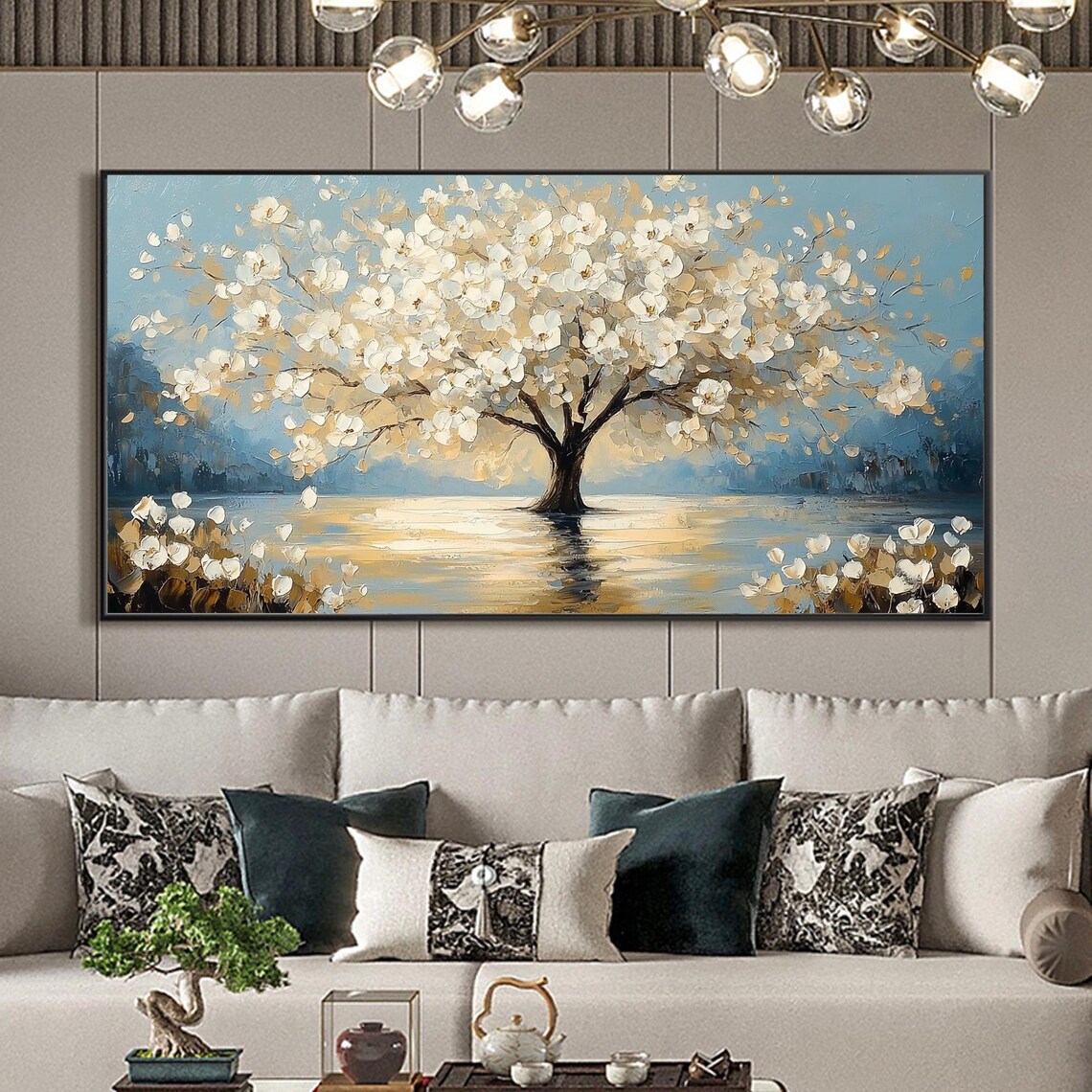 White Blossom Tree by Golden Lake Panoramic Oil Painting Art Print - Image 6