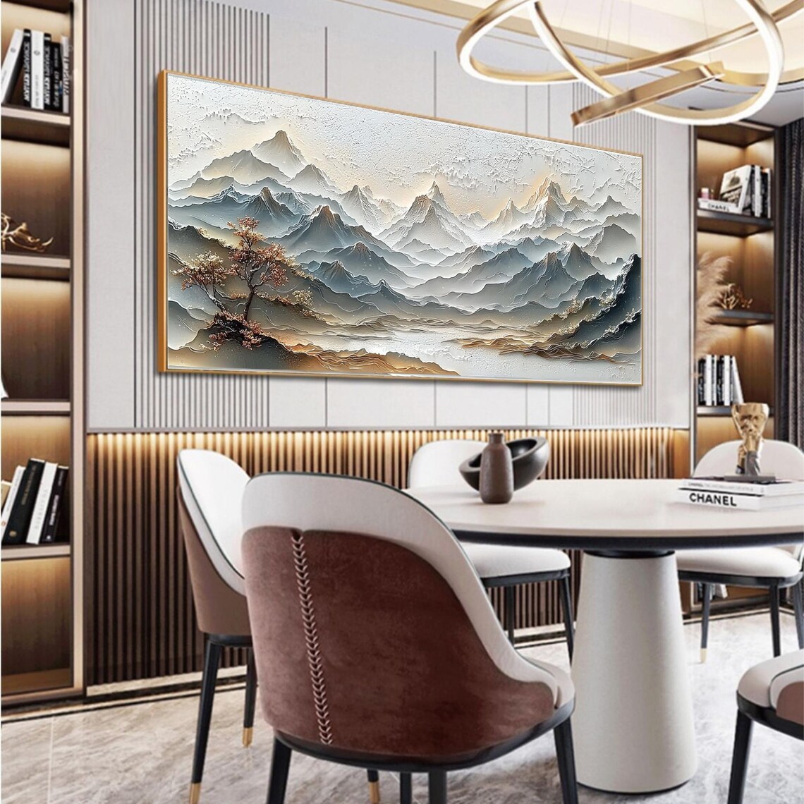Serene White Relief Mountain Range in East Asian Style Poster - Image 5