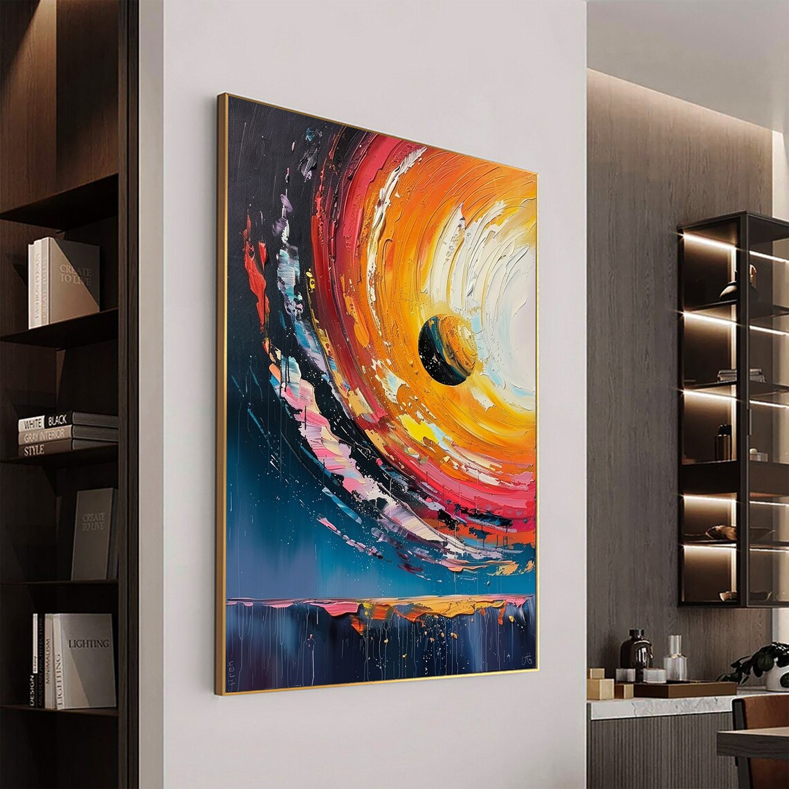 Colorful Swirling Cosmic Sunset Vertical Oil Painting Art Print - Image 3