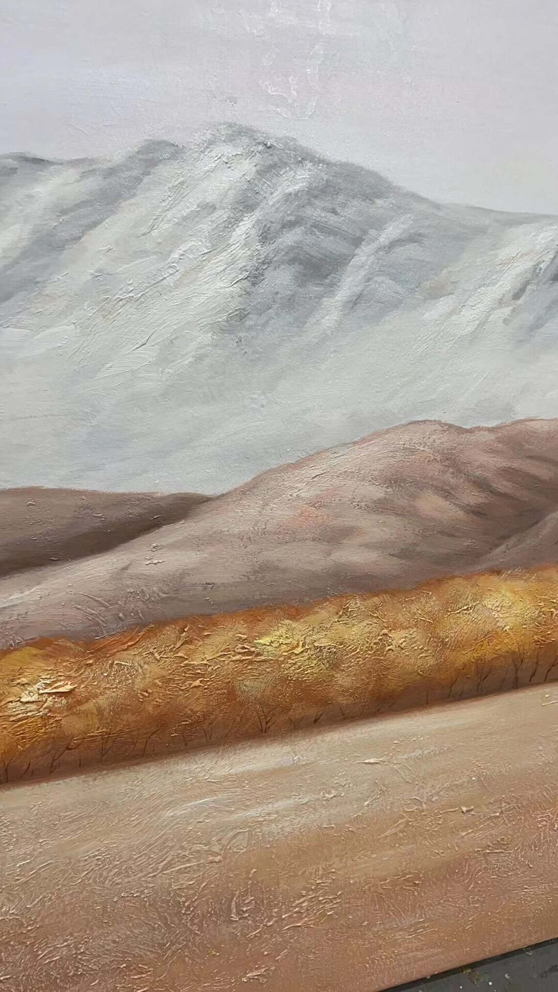 Snowy Mountains Warm Ochre Plain Minimalist Landscape Oil Poster - Image 3