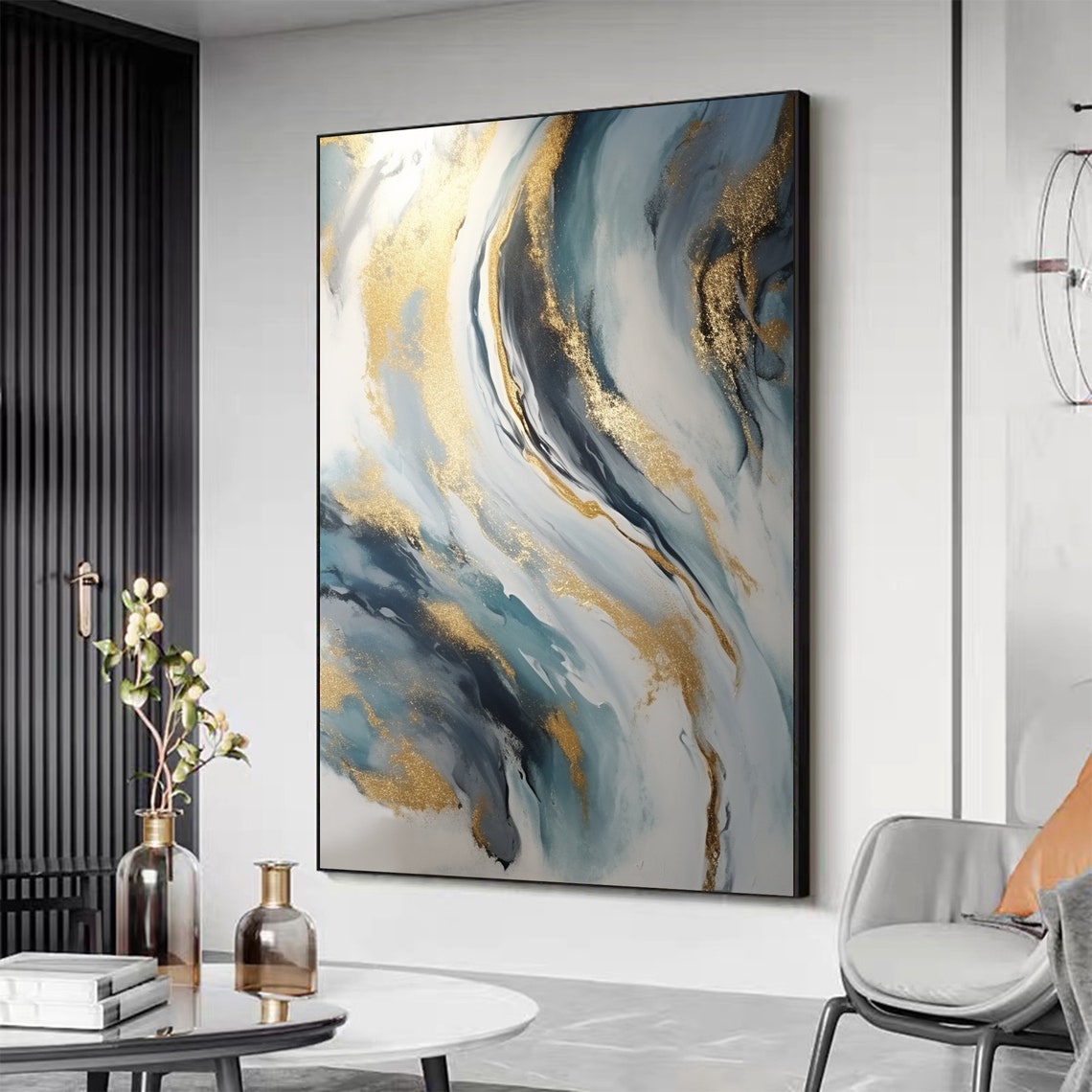 Blue Marble with Gold Foil Luxury Abstract Texture Art Poster - Image 3