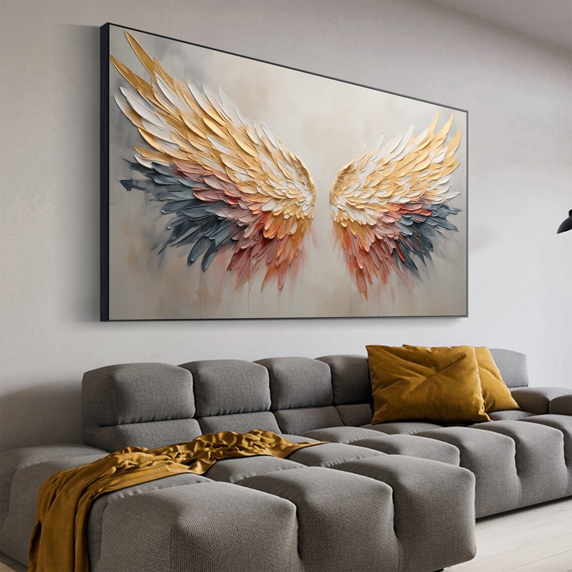 Majestic Angel Wings in Gold With Blue and Rose Feather Tips Poster - Image 3