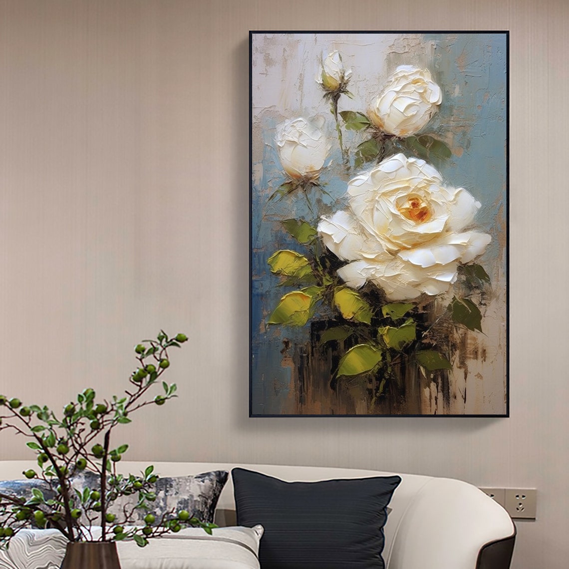 Elegant White Rose Stems Rising Over Soft Blue Grey Canvas Poster - Image 3