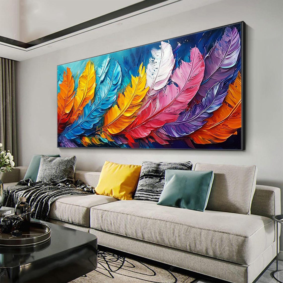 Vivid Rainbow Feather Collage Panoramic Oil Painting Art Print - Image 3