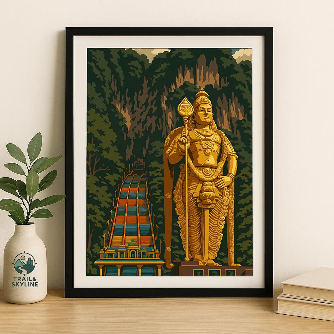 Batu Caves Malaysia Golden Murugan Statue Temple Steps Travel Poster