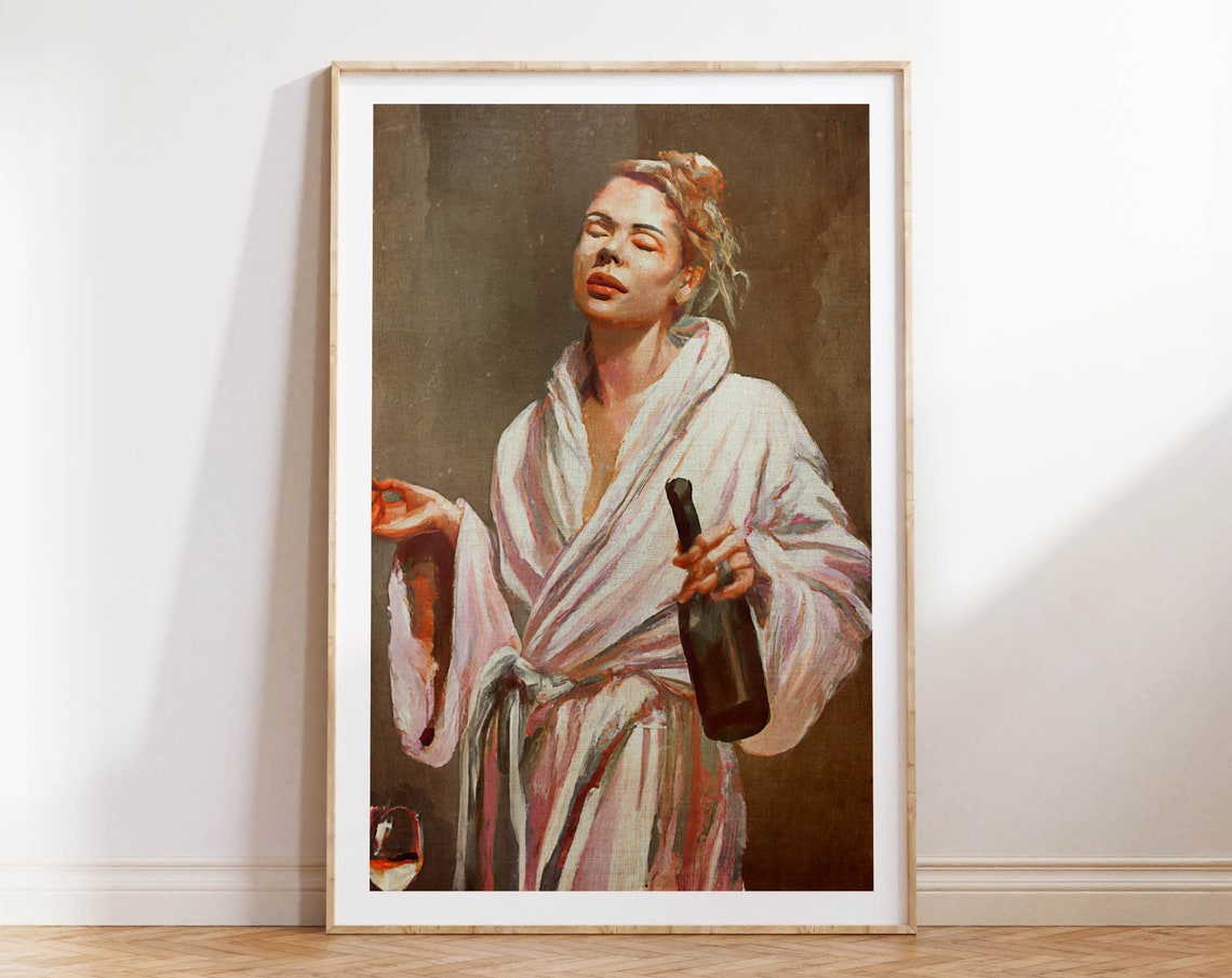 Woman in Bathrobe Wine Bottle Self Care Funny Bathroom Poster