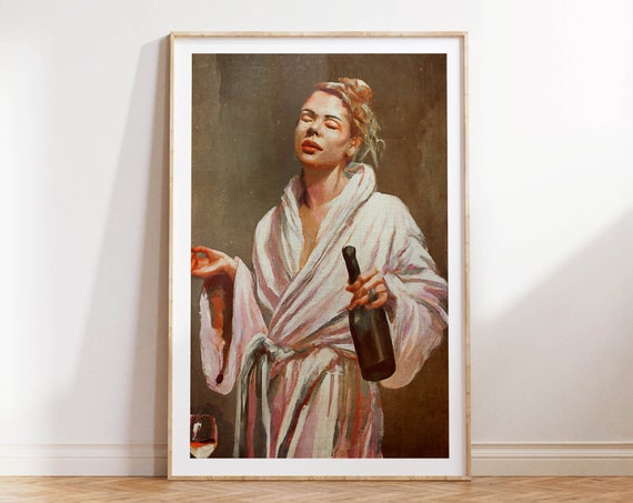 Woman Wine Bathroom Art Classical Painting Wall Decor Vintage Midcentury Poster Print Funny Self Care Humor Gift For Her Art