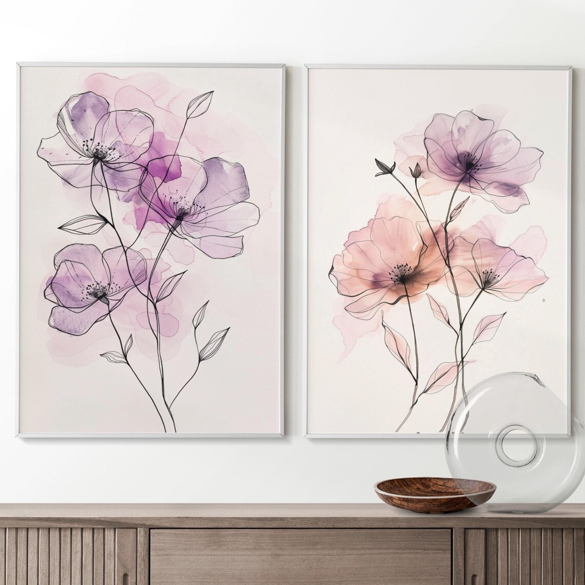 Delicate Purple and Blush Watercolor Floral Line Art Pair Poster