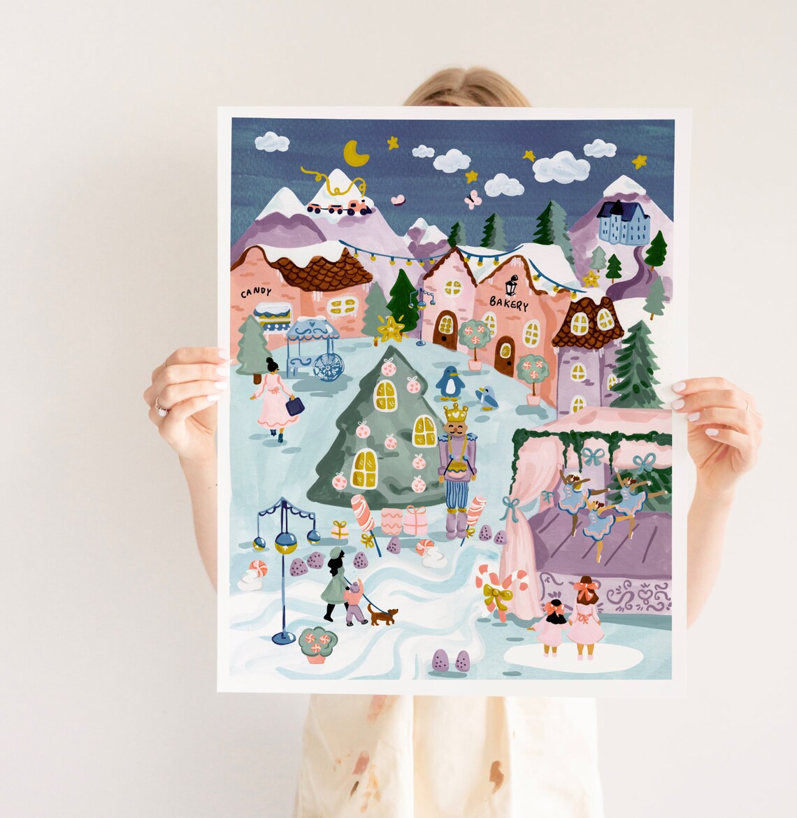 Christmas Village Watercolor Gouache Holiday Art Print - Image 3