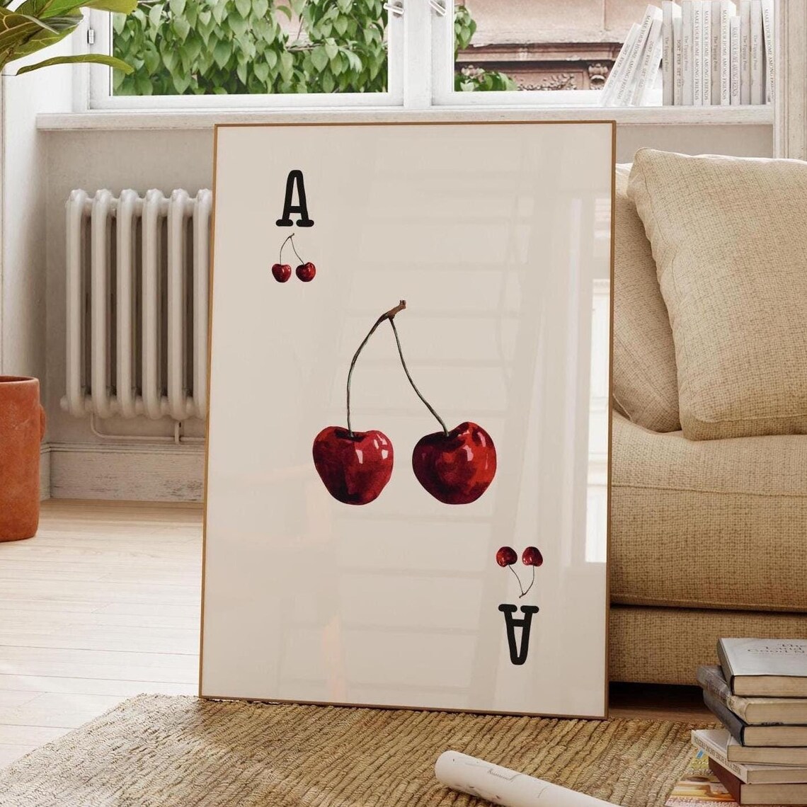 Ace of Cherry Watercolor Red Cherries Retro Playing Card Poster